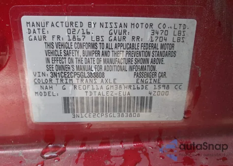 2016 Nissan Versa Note S (Sr)/S Plus/Sl/Sr/Sv from USA, damaged, VIN 3N1CE2CP5GL383808